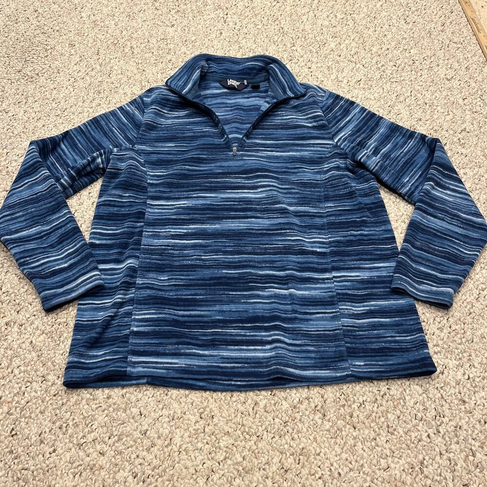 Lands End Fleece Quarter Zip Pullover L Blue Stripe Casual Cozy Outdoor